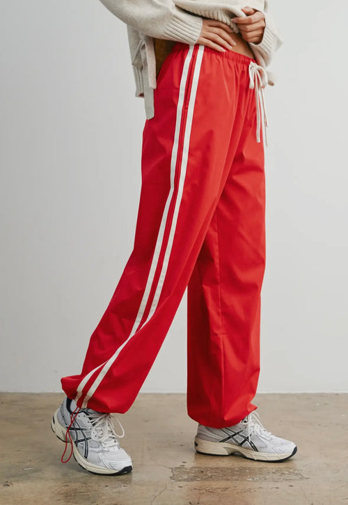 Red Striped Drawstring Wide Leg Cuffed Pants