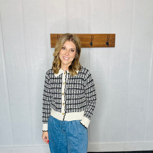 Black/Cream Tweed Style Button Down Cardigan