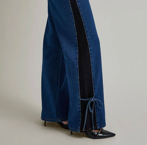 Denim Side Contrast & Bow Wide Leg Pants