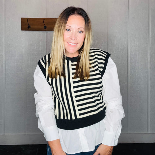 Black/White Stripe Pattern Sweater Combo Blouse