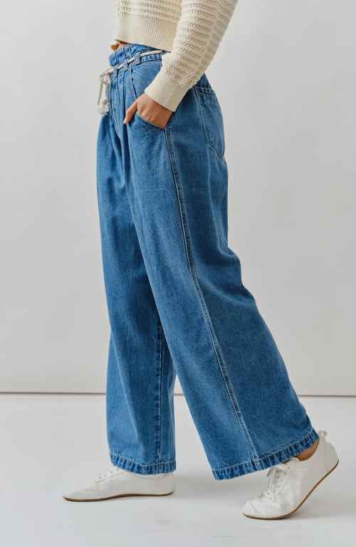 Denim Wide Leg Pants with Rope Belt