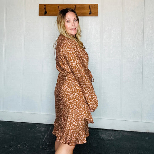 Mocha-Taupe Round Neck Long Sleeve Waist Tie Disty Mini Dress