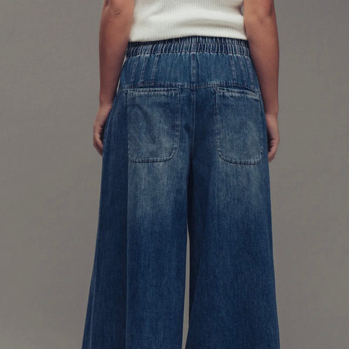 Dark Denim Pleated Wide-Leg Button Closure Pants