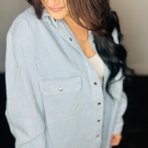 Blue Oversized Pinstripe Button Up Shirt