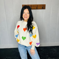 Heart Shaped Patterns Front Round Neck Sweater