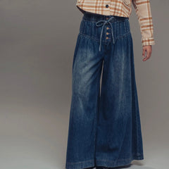 Dark Denim Pleated Wide-Leg Button Closure Pants