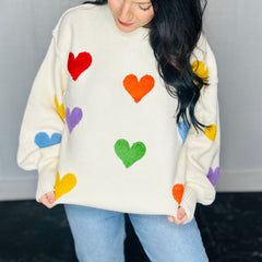 Heart Shaped Patterns Front Round Neck Sweater