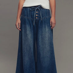 Dark Denim Pleated Wide-Leg Button Closure Pants
