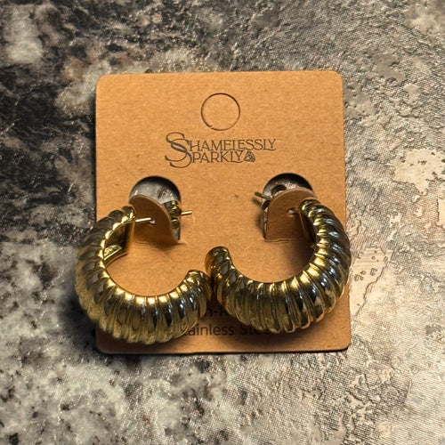 Ribbed Stainless Steel Hoop Earring