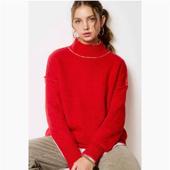 Loose Fit Mock Neck Exposed Seaming Detailed Sweater