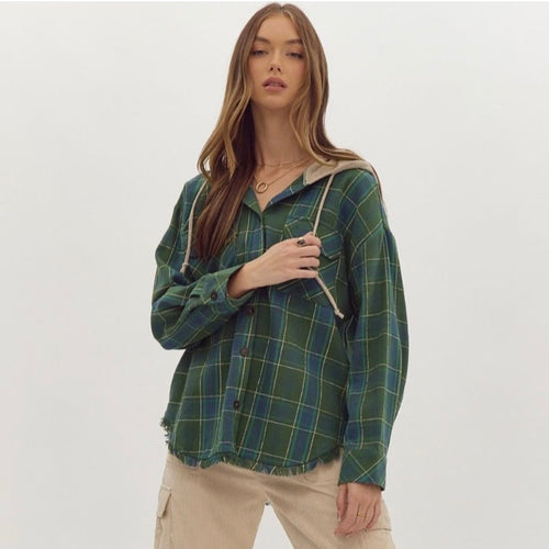 Plaid Hooded Button Up