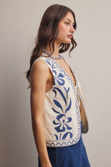 Embroidered Tie-Front Vest