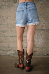 Lace Hem Denim Shorts