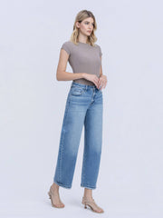 HIGH RISE MEDIUM WASH CUFFED BARREL JEANS