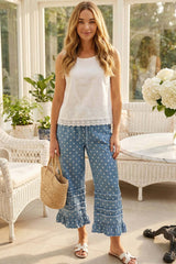 Polka Dot Flared Ruffle 100%Cotton Crop Denim Pants