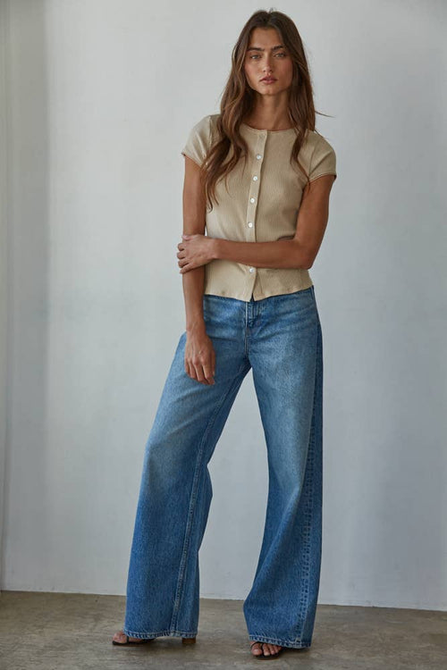 Knit Ribbed Buttondown Short Sleeve Cardigan Top