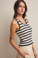 Navy Striped Crochet Knit Tank