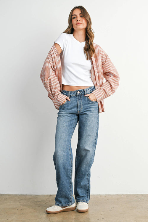 Cropped Striped Button-Up Collared Long Sleeve Top