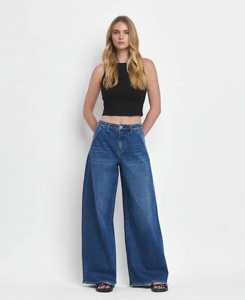 SUPER HIGH RISE PLEATED WIDE JEANS
