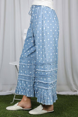 Polka Dot Flared Ruffle 100%Cotton Crop Denim Pants
