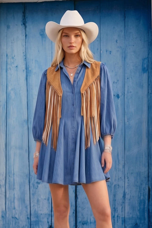 BOHO WESTERN 2TONE FRINGED SUEDE VEST -  6408