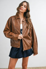 Collared Zip-Front Leather Jacket