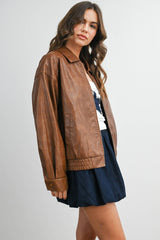 Collared Zip-Front Leather Jacket