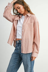 Cropped Striped Button-Up Collared Long Sleeve Top