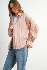 Cropped Striped Button-Up Collared Long Sleeve Top