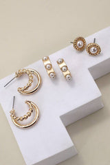 GOLD PEARL HOOP STUD TRIO EARRINGS