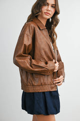 Collared Zip-Front Leather Jacket