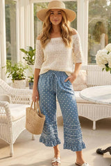 Polka Dot Flared Ruffle 100%Cotton Crop Denim Pants