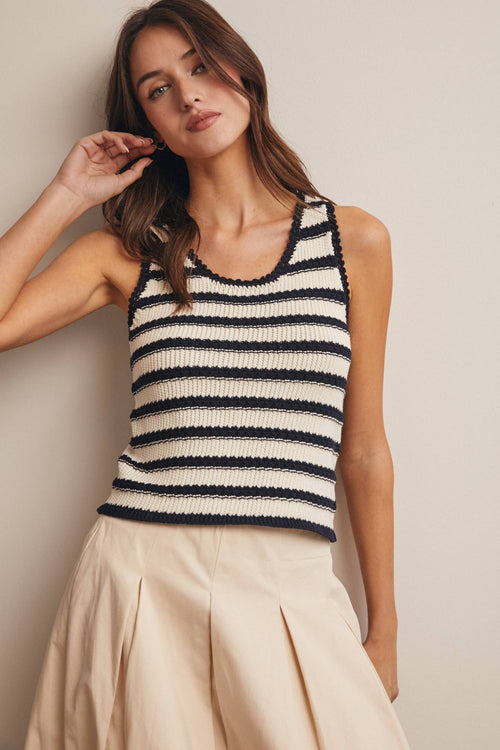 Navy Striped Crochet Knit Tank