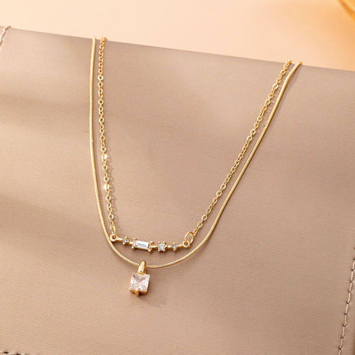 Layer Crystal Bar & Solitaire Square Necklace | 80N92870