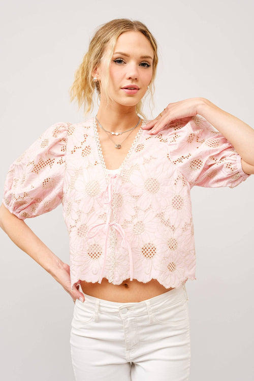Metallic Embroidered Tie Front Scallop Hem Top
