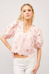 Metallic Embroidered Tie Front Scallop Hem Top