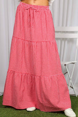 Plaid Tiered Ruffle Boho Drawstring Maxi Skirt
