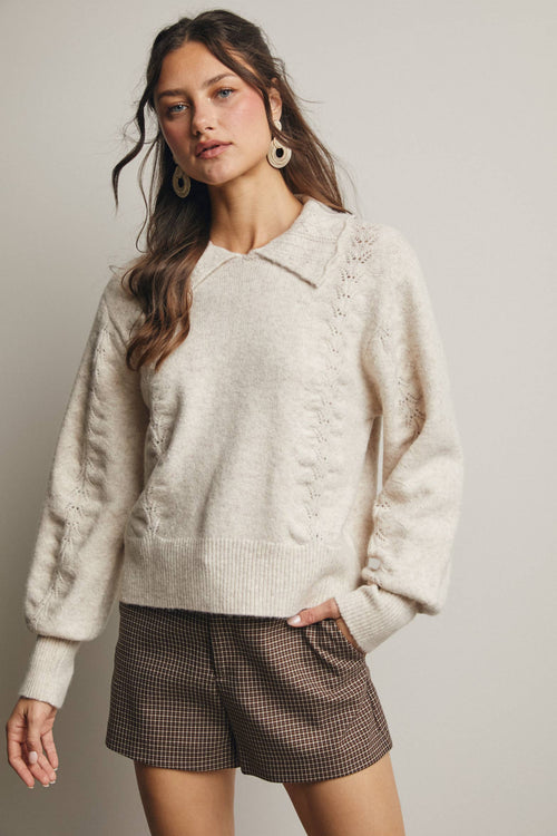 Collared Pointelle Knit Sweater