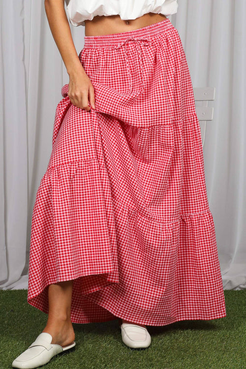 Plaid Tiered Ruffle Boho Drawstring Maxi Skirt VS82371C