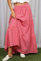Plaid Tiered Ruffle Boho Drawstring Maxi Skirt