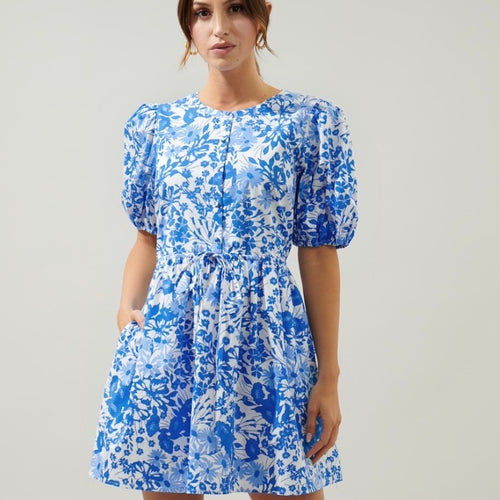 Blue Floral Puff Sleeve Mini Dress