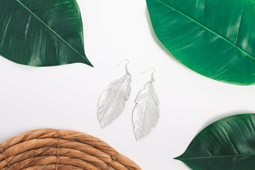 Silver Leather Leaf Earring