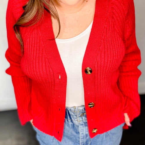 Red Berlin Button Front Ribbed Cardigan Sweater